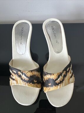 Dolce & Gabbana White and Brown Animal-Print Slide Mules